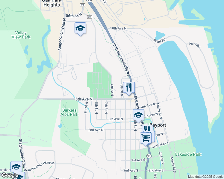 map of restaurants, bars, coffee shops, grocery stores, and more near 675 6th Street North in Bayport