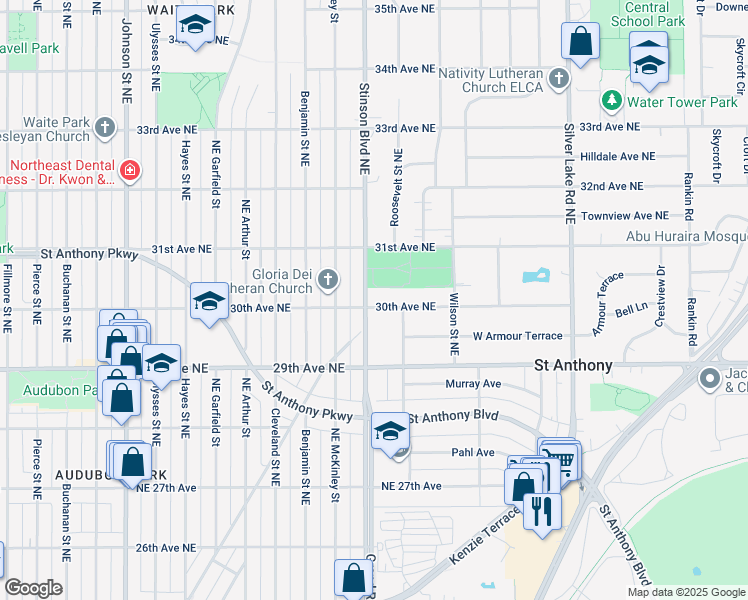 map of restaurants, bars, coffee shops, grocery stores, and more near 3001 Northeast Stinson Boulevard in Minneapolis