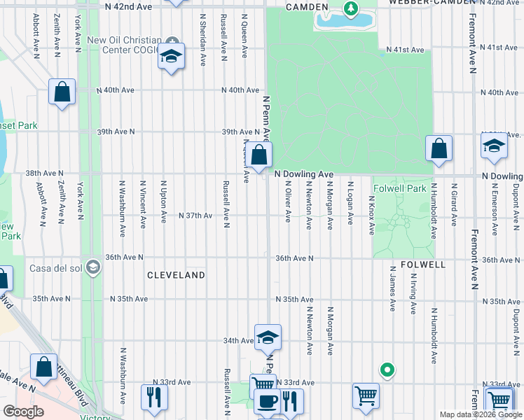 map of restaurants, bars, coffee shops, grocery stores, and more near 3707 North Penn Avenue in Minneapolis
