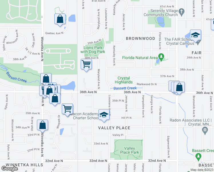 map of restaurants, bars, coffee shops, grocery stores, and more near 3611 Louisiana Avenue North in Minneapolis