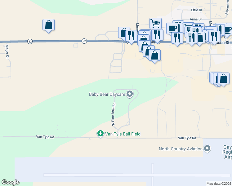 map of restaurants, bars, coffee shops, grocery stores, and more near 461 East Pine Briar Lane in Gaylord