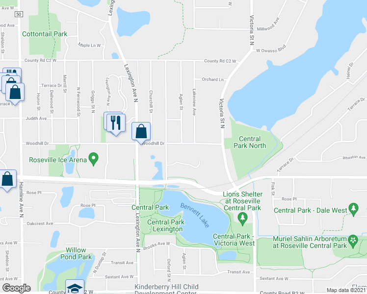 map of restaurants, bars, coffee shops, grocery stores, and more near 1000 Woodhill Drive in Roseville