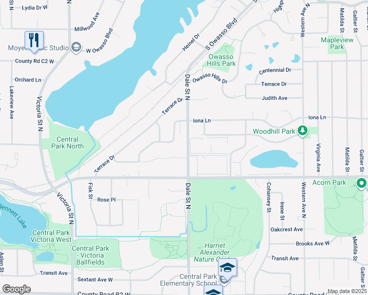 map of restaurants, bars, coffee shops, grocery stores, and more near 2750 Dale Street North in Roseville
