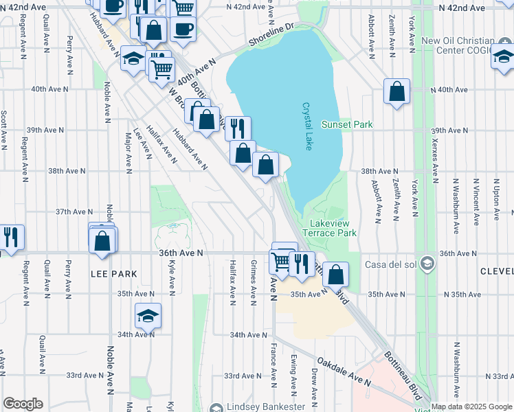 map of restaurants, bars, coffee shops, grocery stores, and more near 3711 West Broadway Avenue in Minneapolis