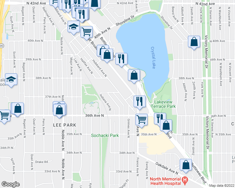 map of restaurants, bars, coffee shops, grocery stores, and more near 3689 Hubbard Avenue North in Minneapolis