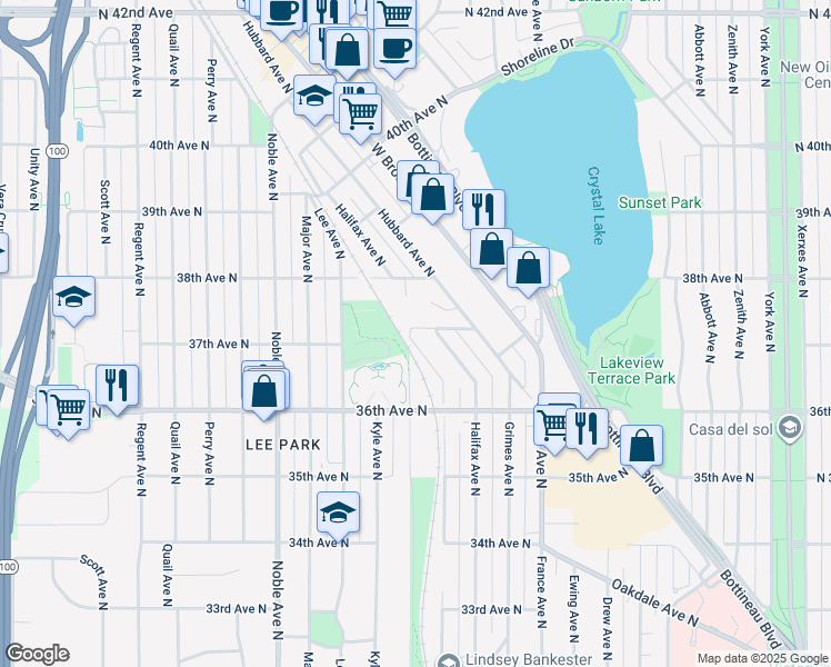 map of restaurants, bars, coffee shops, grocery stores, and more near 3689 Halifax Avenue North in Minneapolis