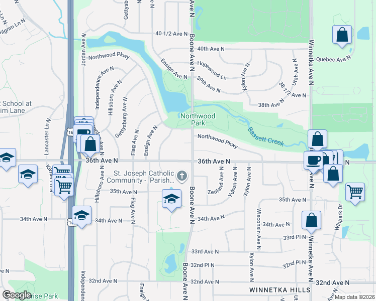 map of restaurants, bars, coffee shops, grocery stores, and more near 8716 36th Avenue North in Minneapolis
