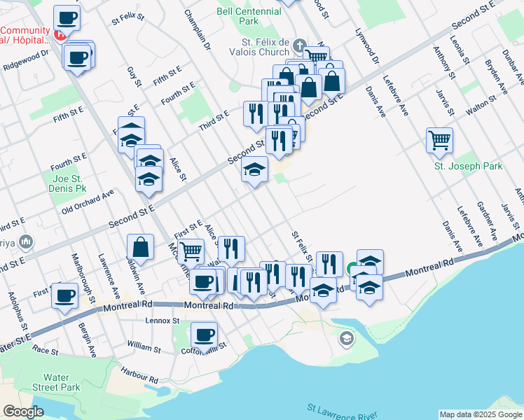map of restaurants, bars, coffee shops, grocery stores, and more near Belmont Street in Cornwall