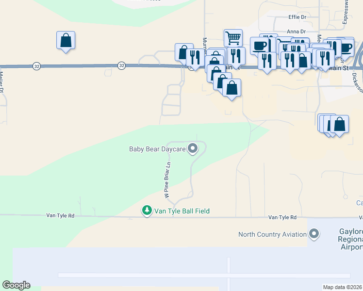 map of restaurants, bars, coffee shops, grocery stores, and more near 461 East Pine Briar Lane in Gaylord