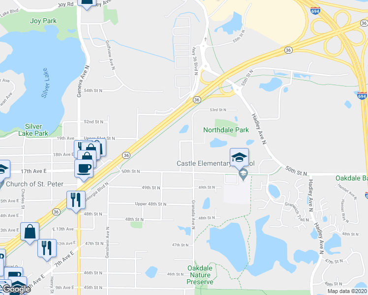 map of restaurants, bars, coffee shops, grocery stores, and more near 5075 Grafton Avenue North in Oakdale