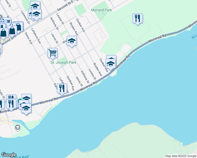 map of restaurants, bars, coffee shops, grocery stores, and more near 1602 Montreal Road in Cornwall