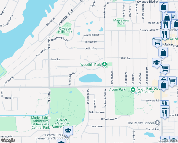 map of restaurants, bars, coffee shops, grocery stores, and more near 446 Woodhill Drive in Roseville