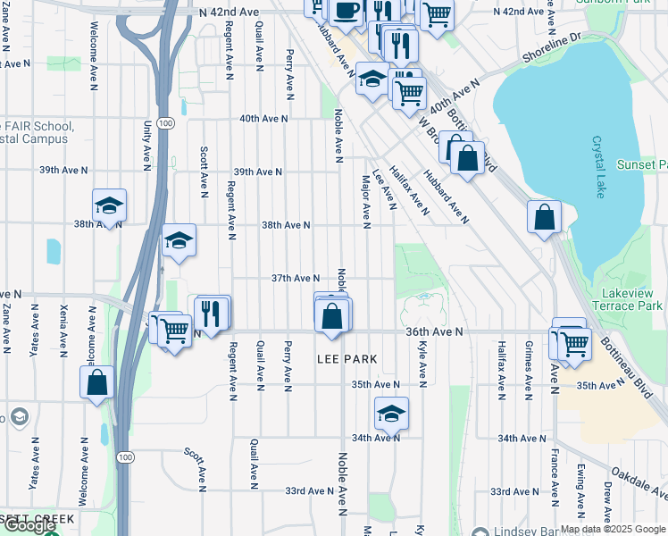 map of restaurants, bars, coffee shops, grocery stores, and more near 3701 Noble Avenue North in Minneapolis