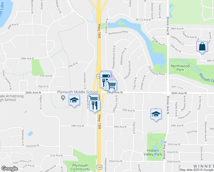 map of restaurants, bars, coffee shops, grocery stores, and more near 9420 36th Avenue North in New Hope