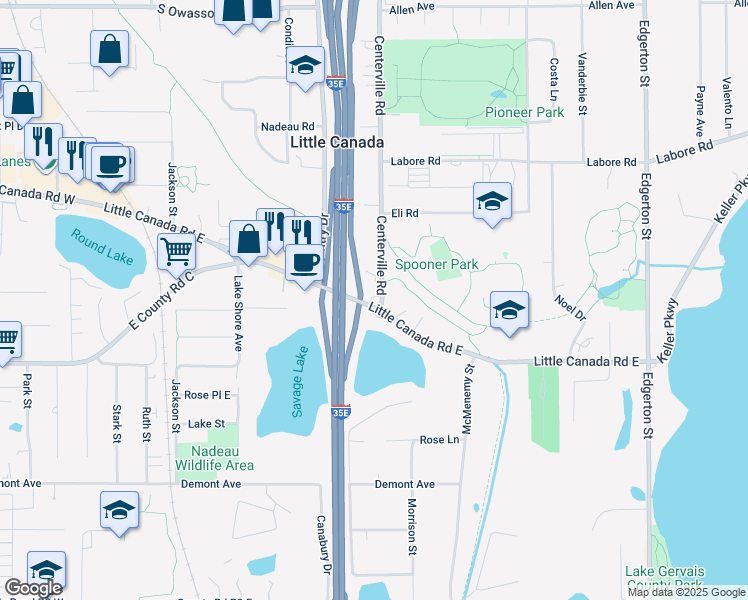 map of restaurants, bars, coffee shops, grocery stores, and more near 303 Little Canada Road East in Saint Paul