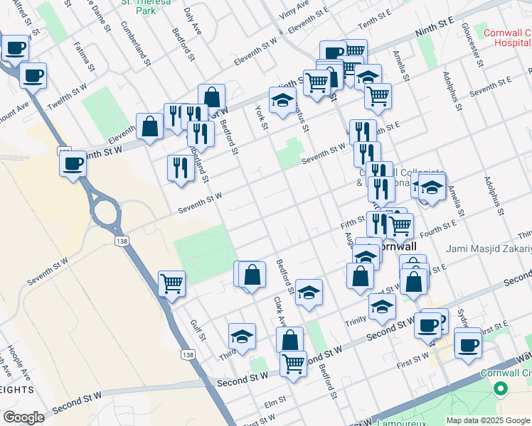 map of restaurants, bars, coffee shops, grocery stores, and more near 237 Sixth Street West in Cornwall