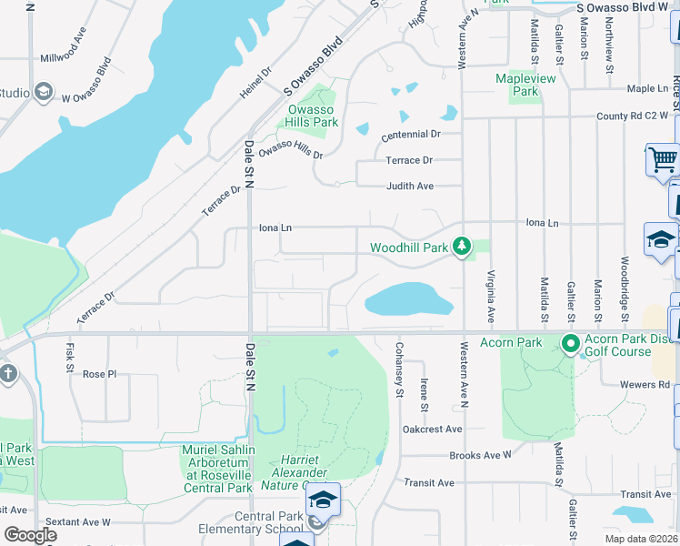 map of restaurants, bars, coffee shops, grocery stores, and more near 2737 Mackubin Street in Roseville