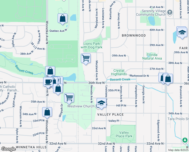 map of restaurants, bars, coffee shops, grocery stores, and more near 3609 Maryland Avenue North in Minneapolis
