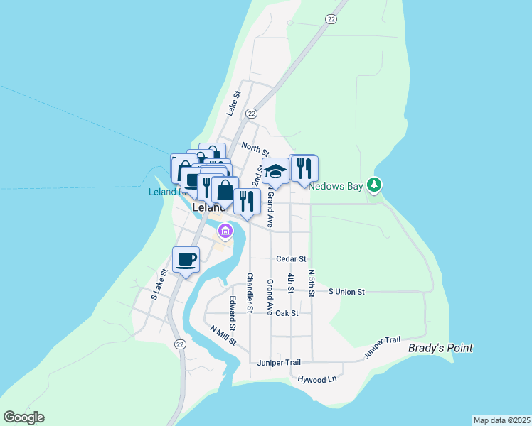 map of restaurants, bars, coffee shops, grocery stores, and more near 109 North Grand Avenue in Leland