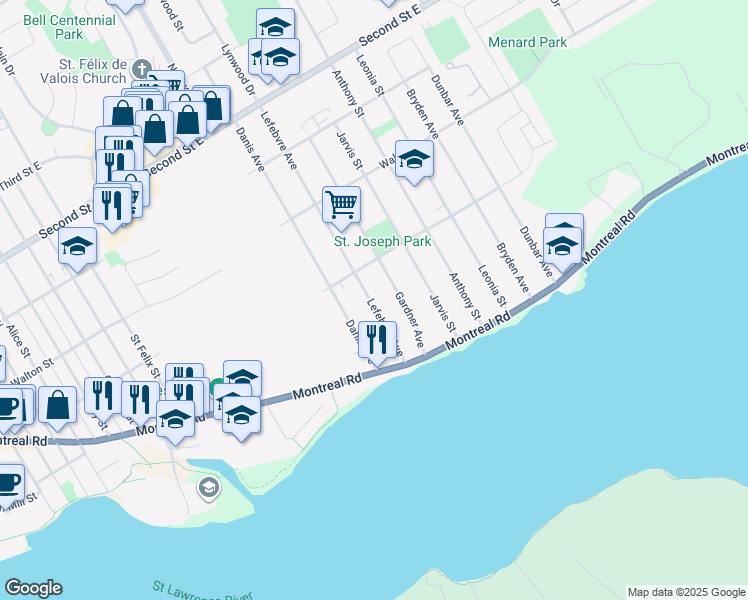 map of restaurants, bars, coffee shops, grocery stores, and more near 51 Lefebvre Avenue in Cornwall
