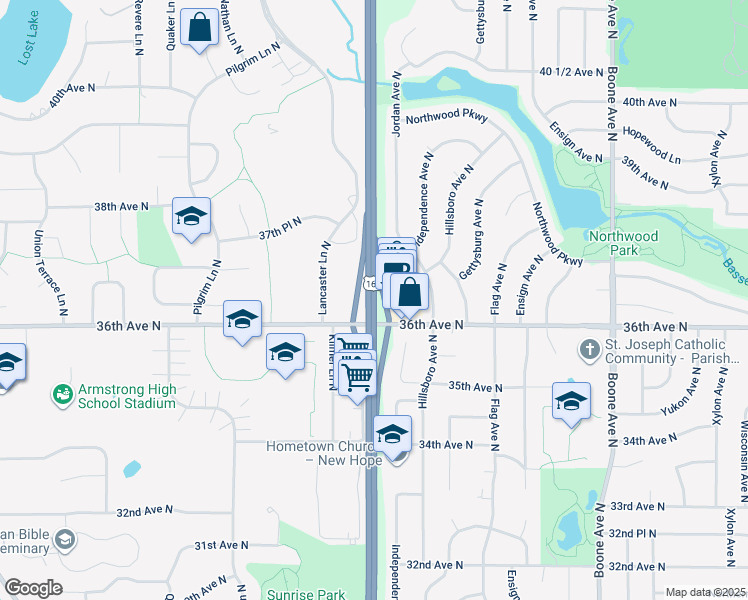 map of restaurants, bars, coffee shops, grocery stores, and more near Highway 169 in Minneapolis