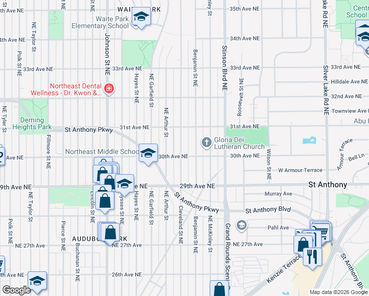 map of restaurants, bars, coffee shops, grocery stores, and more near 3000 Northeast Cleveland Street in Minneapolis