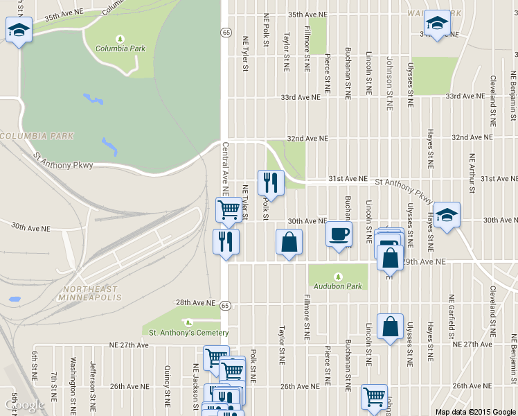 map of restaurants, bars, coffee shops, grocery stores, and more near 3005 Polk Street Northeast in Minneapolis