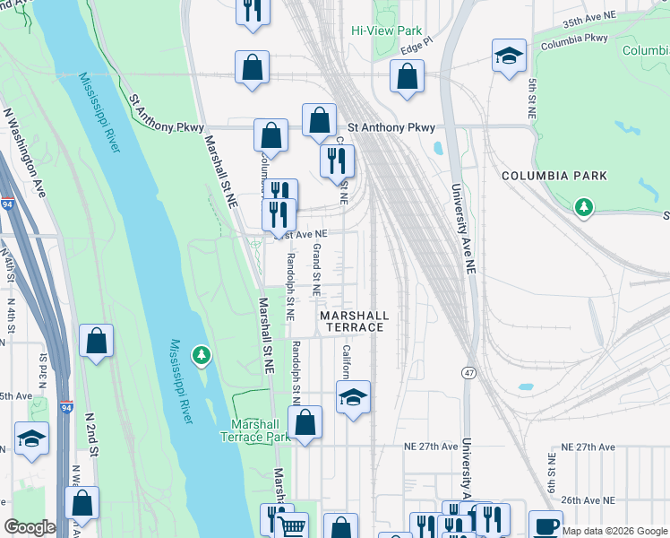 map of restaurants, bars, coffee shops, grocery stores, and more near 3007 Grand Street Northeast in Minneapolis