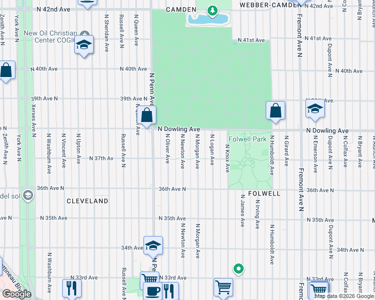 map of restaurants, bars, coffee shops, grocery stores, and more near 3707 North Newton Avenue in Minneapolis