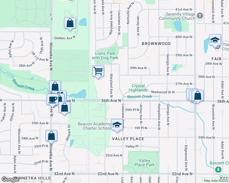 map of restaurants, bars, coffee shops, grocery stores, and more near 3609 Maryland Avenue North in Minneapolis