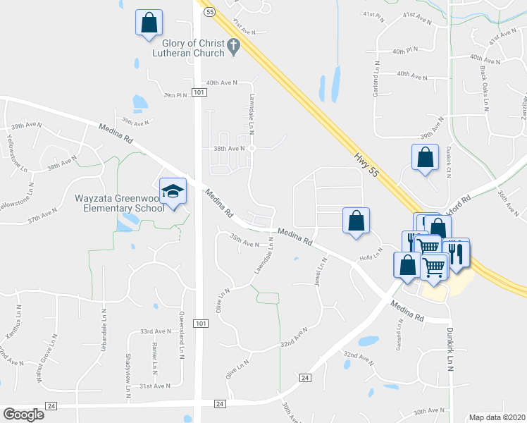 map of restaurants, bars, coffee shops, grocery stores, and more near 3615 Lawndale Lane North in Plymouth