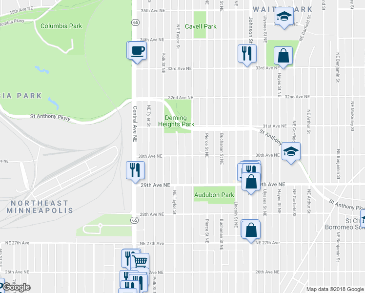map of restaurants, bars, coffee shops, grocery stores, and more near 3017 Taylor Street Northeast in Minneapolis