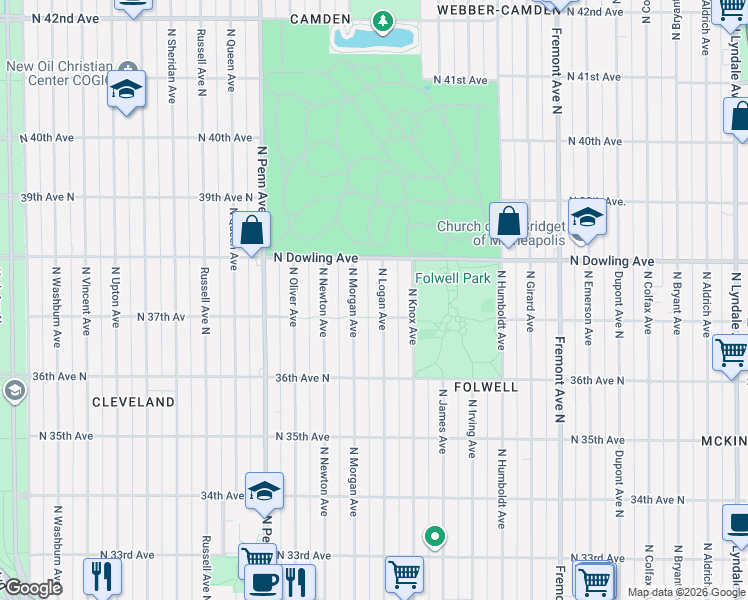 map of restaurants, bars, coffee shops, grocery stores, and more near 3706 North Logan Avenue in Minneapolis