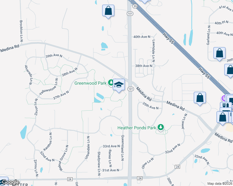 map of restaurants, bars, coffee shops, grocery stores, and more near 18005 Medina Road in Minneapolis
