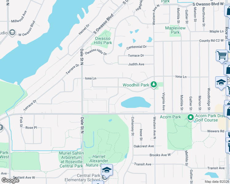 map of restaurants, bars, coffee shops, grocery stores, and more near 2737 Mackubin Street in Roseville