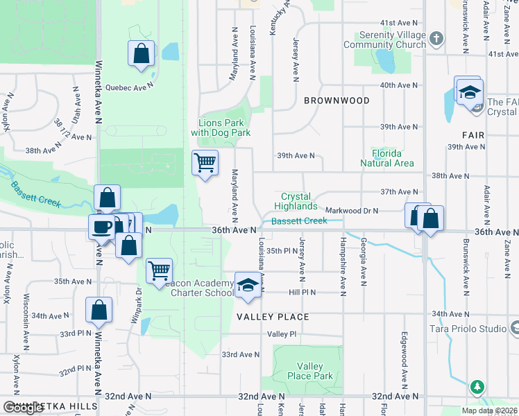 map of restaurants, bars, coffee shops, grocery stores, and more near 3611 Louisiana Avenue North in Minneapolis