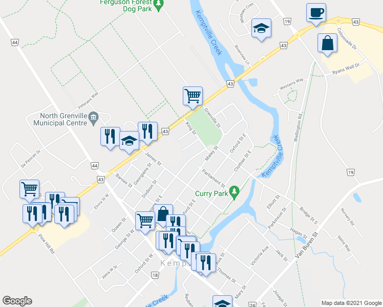 map of restaurants, bars, coffee shops, grocery stores, and more near 509 George Street East in Kemptville