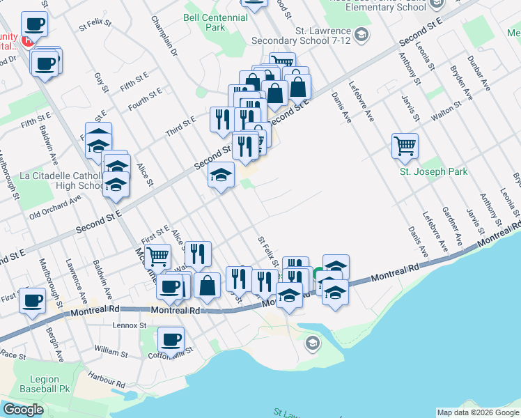 map of restaurants, bars, coffee shops, grocery stores, and more near 704 Walton Street in Cornwall