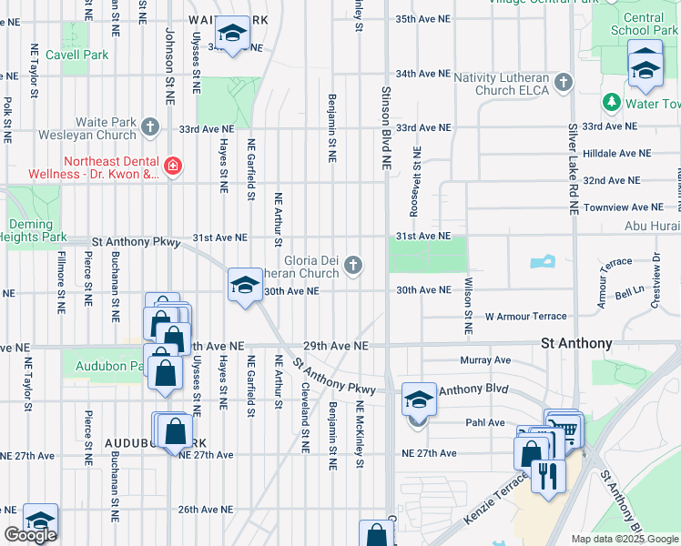 map of restaurants, bars, coffee shops, grocery stores, and more near 3000 Northeast Benjamin Street in Minneapolis