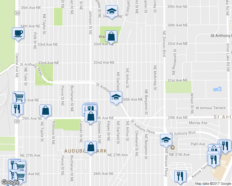 map of restaurants, bars, coffee shops, grocery stores, and more near 1810 Saint Anthony Parkway in Minneapolis