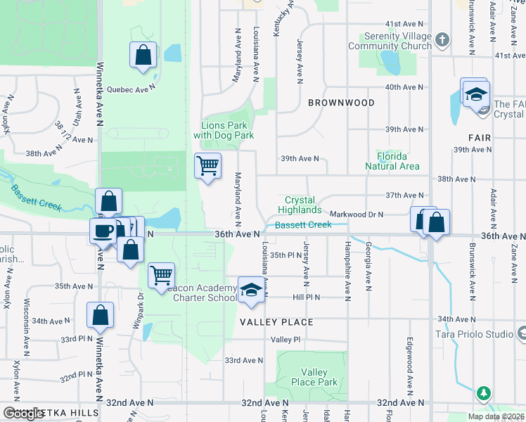 map of restaurants, bars, coffee shops, grocery stores, and more near 3611 Louisiana Avenue North in Minneapolis