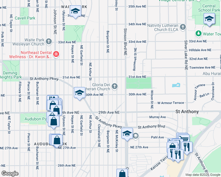 map of restaurants, bars, coffee shops, grocery stores, and more near 3000 Northeast Benjamin Street in Minneapolis