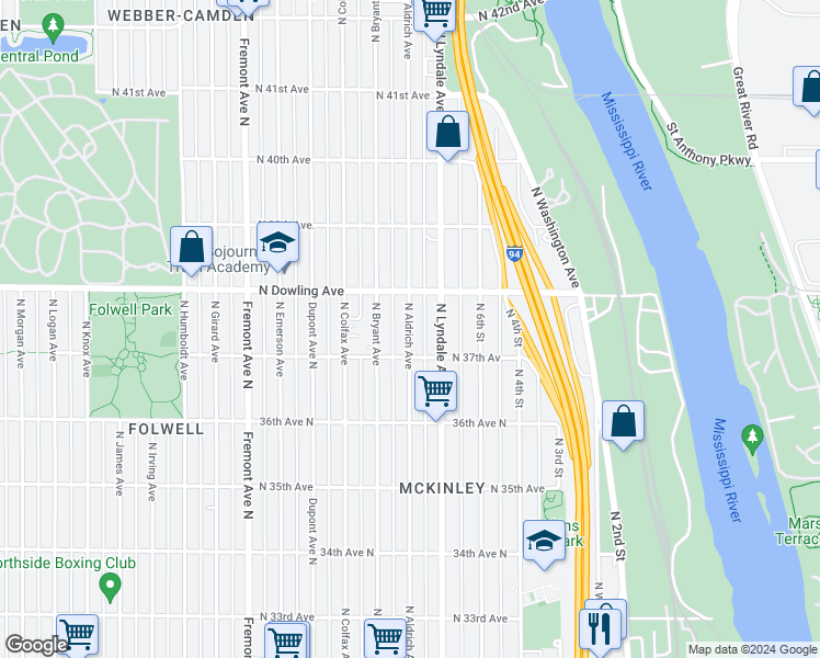 map of restaurants, bars, coffee shops, grocery stores, and more near 3711 North Aldrich Avenue in Minneapolis