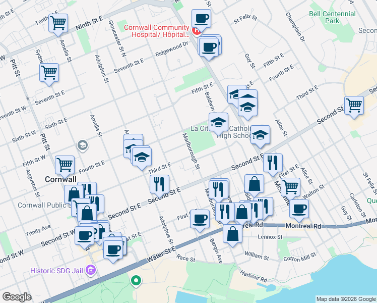 map of restaurants, bars, coffee shops, grocery stores, and more near 306 Marlborough Street in Cornwall