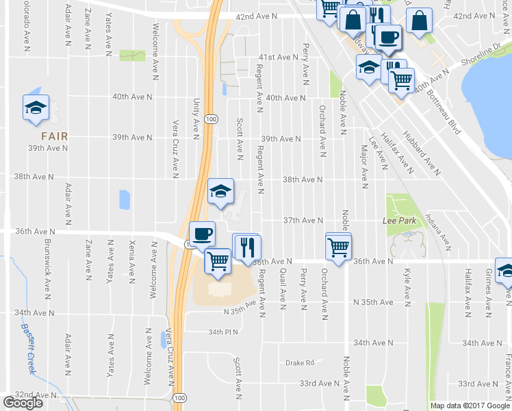 map of restaurants, bars, coffee shops, grocery stores, and more near 3705 Regent Avenue North in Minneapolis