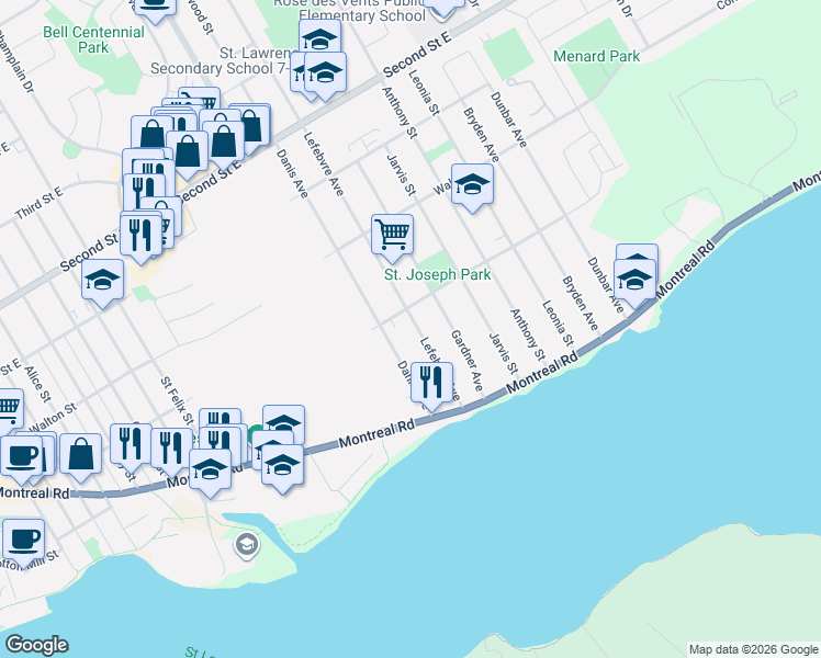 map of restaurants, bars, coffee shops, grocery stores, and more near 54 Lefebvre Avenue in Cornwall