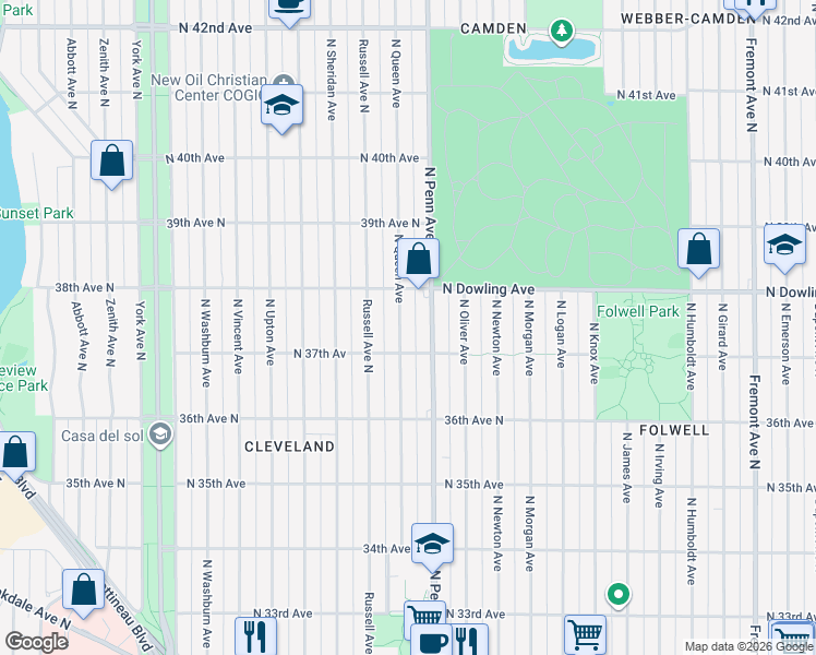 map of restaurants, bars, coffee shops, grocery stores, and more near 3707 North Penn Avenue in Minneapolis