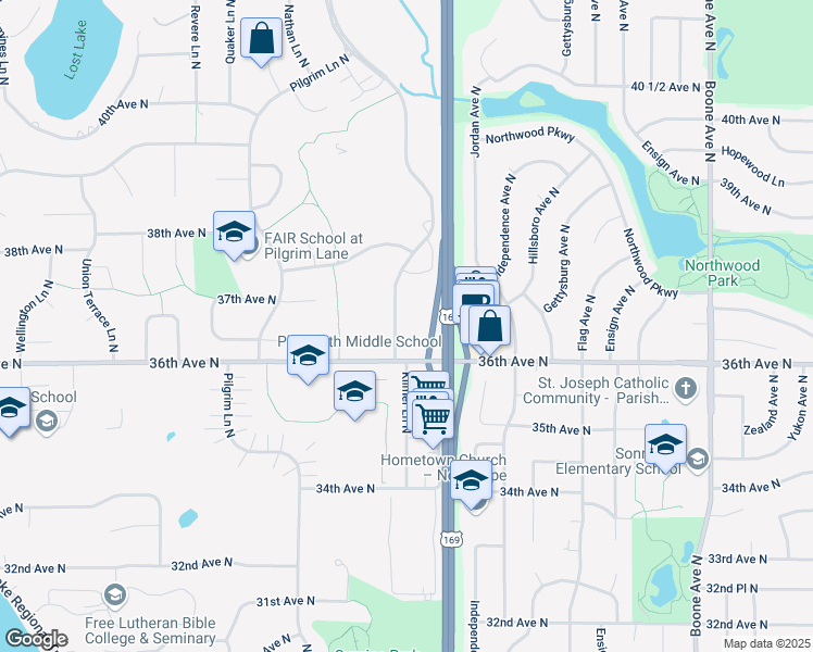 map of restaurants, bars, coffee shops, grocery stores, and more near 3630 Lancaster Lane North in Plymouth