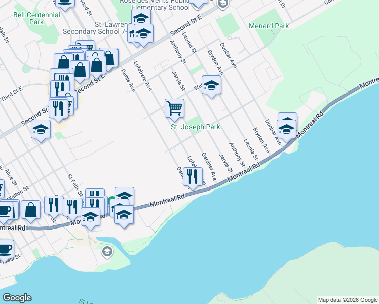 map of restaurants, bars, coffee shops, grocery stores, and more near 57 Lefebvre Avenue in Cornwall
