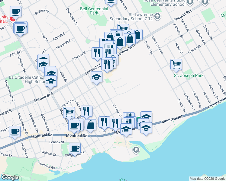 map of restaurants, bars, coffee shops, grocery stores, and more near 306 Belfort Crescent in Cornwall